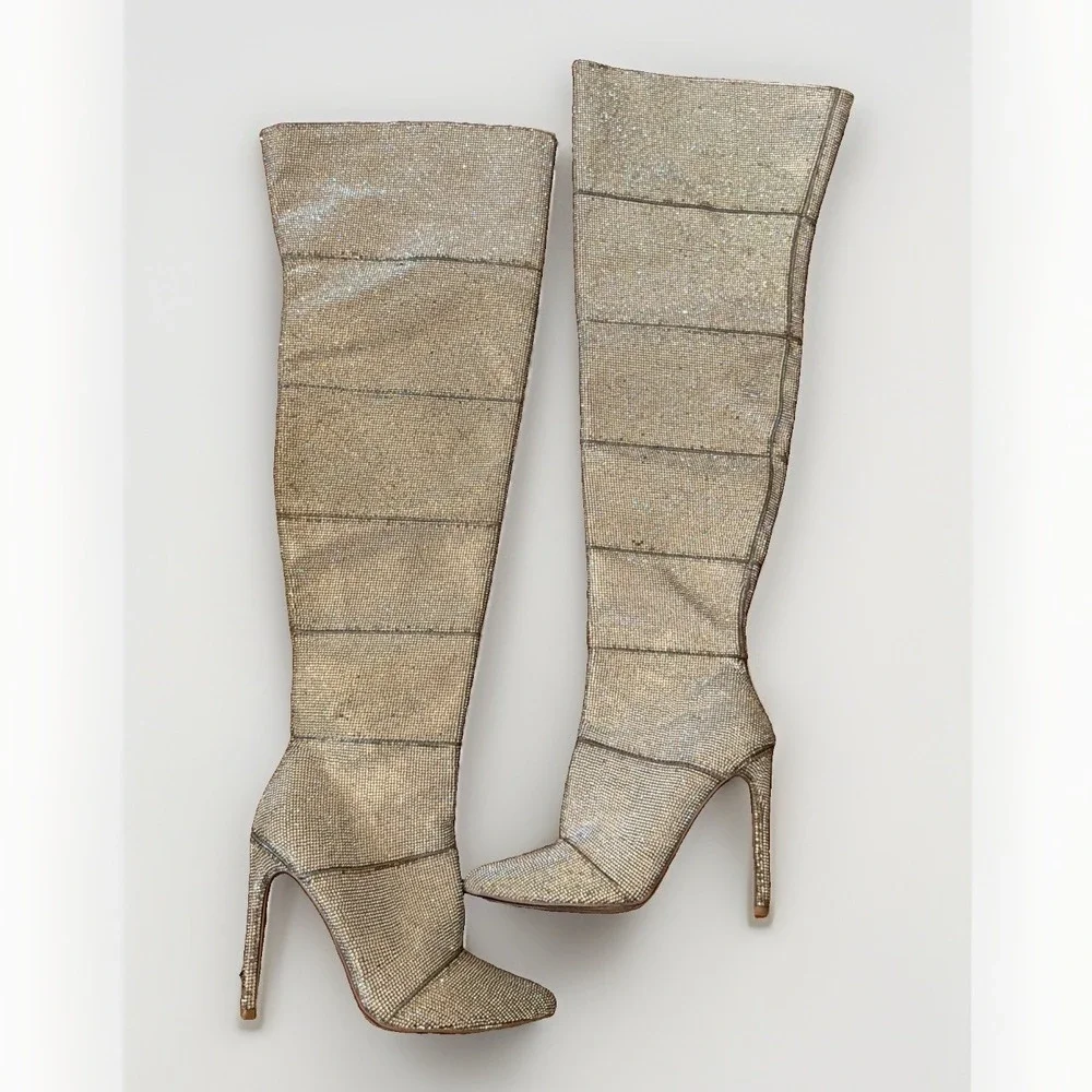 Steve Madden Wonders Rhinestone Pointed-Toe Over the Knee Boots Size 8M Women's